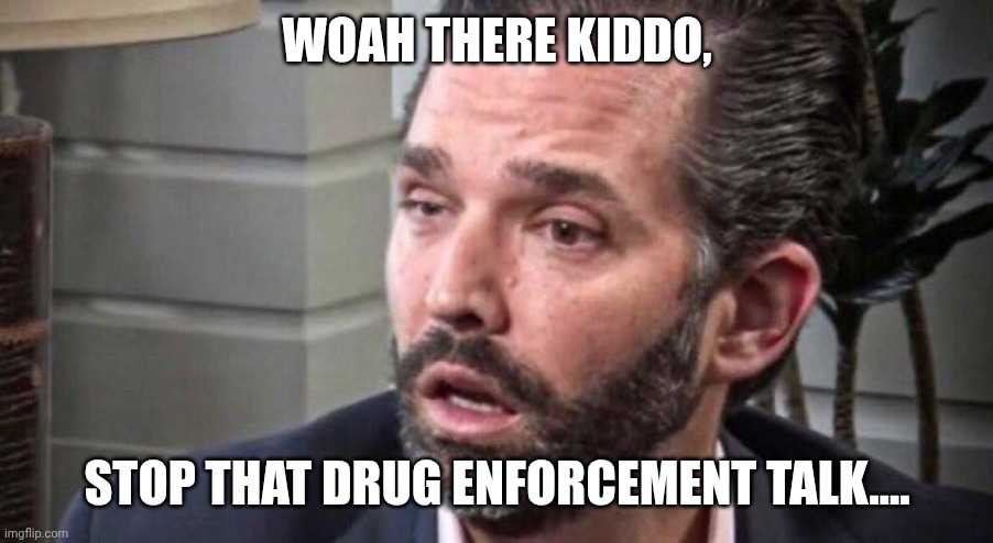 don trump jr coked up (facing left) | WOAH THERE KIDDO, STOP THAT DRUG ENFORCEMENT TALK.... | image tagged in don trump jr coked up facing left | made w/ Imgflip meme maker