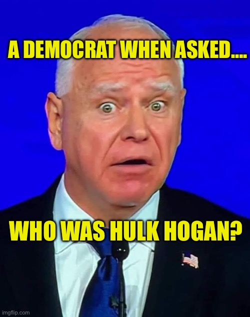 R.I.P. Hulk Hogan | A DEMOCRAT WHEN ASKED…. WHO WAS HULK HOGAN? | image tagged in tim walz debate,hulk,hulk hogan,goat | made w/ Imgflip meme maker
