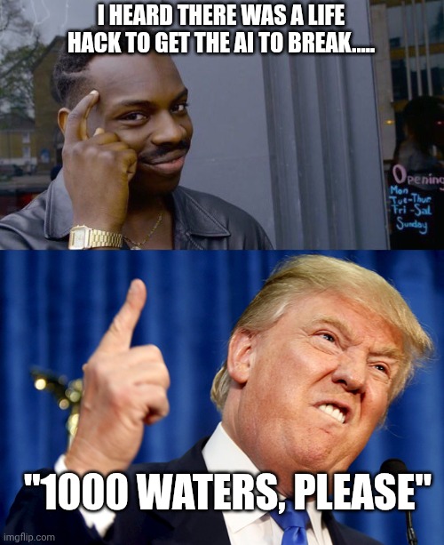 Ai menus.....lmao | I HEARD THERE WAS A LIFE HACK TO GET THE AI TO BREAK..... "1000 WATERS, PLEASE" | image tagged in memes,roll safe think about it,donald trump | made w/ Imgflip meme maker