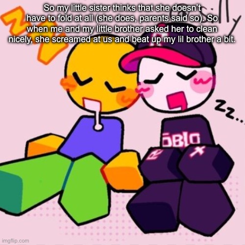 Love my family | So my little sister thinks that she doesn’t have to fold at all (she does, parents said so). So when me and my little brother asked her to clean nicely, she screamed at us and beat up my lil brother a bit. | image tagged in gayass noob temp | made w/ Imgflip meme maker