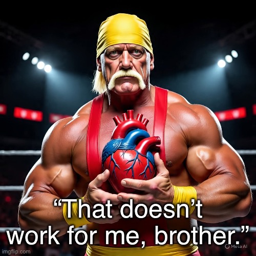 Hulk Hogan, Dead at 71 of Cardiac Arrest | “That doesn’t work for me, brother.” | image tagged in hulk hogan,heart,heart attack,dead,racist,jackass | made w/ Imgflip meme maker