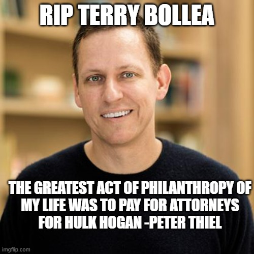 Peter Thiel | RIP TERRY BOLLEA THE GREATEST ACT OF PHILANTHROPY OF
MY LIFE WAS TO PAY FOR ATTORNEYS
FOR HULK HOGAN -PETER THIEL | image tagged in peter thiel | made w/ Imgflip meme maker