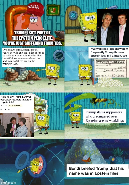 They will continue to deny Trump is part of the Epstein pedo elite no matter how much obvious evidence you show them | TRUMP ISN'T PART OF THE EPSTEIN PEDO ELITE. YOU'RE JUST SUFFERING FROM TDS. | image tagged in spongebob diapers meme,donald trump,jeffrey epstein,pedophiles,conservative logic | made w/ Imgflip meme maker