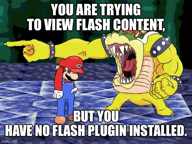 Yelling Coach but it's Bowser | YOU ARE TRYING TO VIEW FLASH CONTENT, BUT YOU
HAVE NO FLASH PLUGIN INSTALLED. | image tagged in yelling coach but it's bowser | made w/ Imgflip meme maker