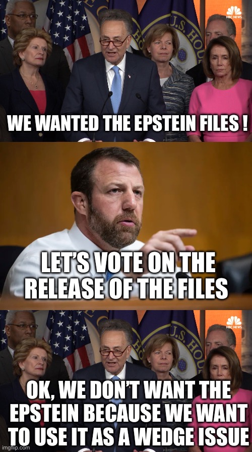 Wedge Issue | WE WANTED THE EPSTEIN FILES ! LET’S VOTE ON THE RELEASE OF THE FILES; OK, WE DON’T WANT THE EPSTEIN BECAUSE WE WANT TO USE IT AS A WEDGE ISSUE | image tagged in democrat congressmen,markwayne the inbred redneck mullin---wrestler,jeffrey epstein,political meme,politics | made w/ Imgflip meme maker