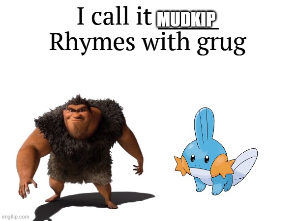 Mudkip does not rhyme with grug | MUDKIP | image tagged in i call it _____,pokemon | made w/ Imgflip meme maker