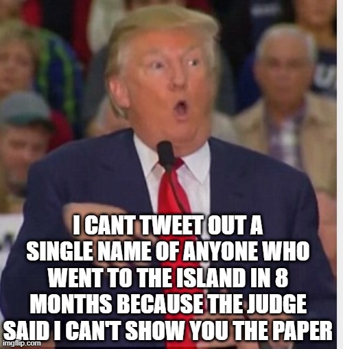 Donald Trump tho | I CANT TWEET OUT A SINGLE NAME OF ANYONE WHO WENT TO THE ISLAND IN 8 MONTHS BECAUSE THE JUDGE SAID I CAN'T SHOW YOU THE PAPER | image tagged in donald trump tho | made w/ Imgflip meme maker