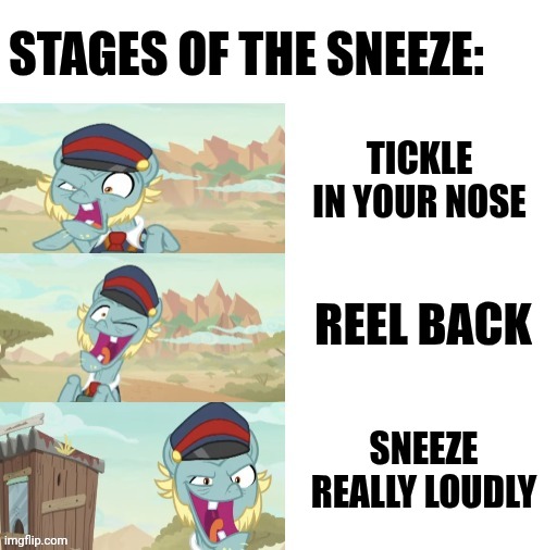 Stages of the Sneeze | STAGES OF THE SNEEZE:; TICKLE IN YOUR NOSE; REEL BACK; SNEEZE REALLY LOUDLY | image tagged in the end of the line,jpfan102504 | made w/ Imgflip meme maker