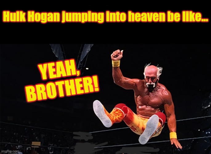R.I.P. Hulkster. | Hulk Hogan jumping into heaven be like... | image tagged in hulk hogan,pro wrestling,wrestlemania,hollywood,hulk,brother | made w/ Imgflip meme maker