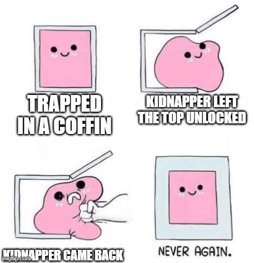 Never again | TRAPPED IN A COFFIN; KIDNAPPER LEFT THE TOP UNLOCKED; KIDNAPPER CAME BACK | image tagged in never again | made w/ Imgflip meme maker