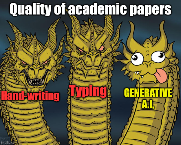 Three-headed Dragon | Quality of academic papers; Typing; GENERATIVE A.I, Hand-writing | image tagged in three-headed dragon | made w/ Imgflip meme maker
