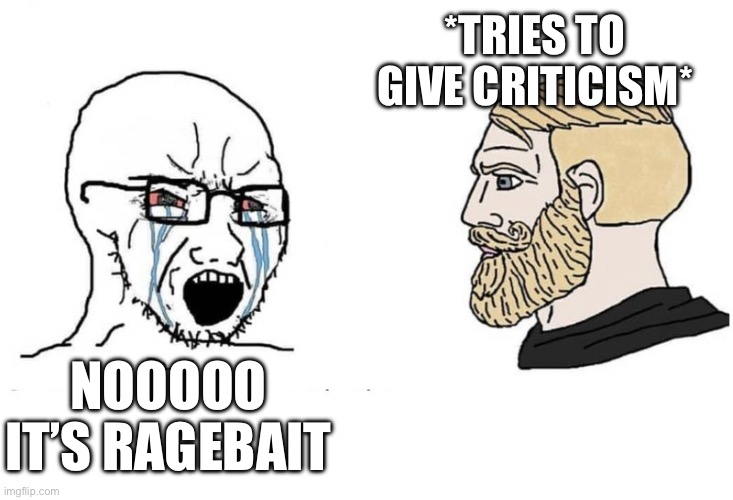Soyjak chad | *TRIES TO GIVE CRITICISM* NOOOOO IT’S RAGEBAIT | image tagged in soyjak chad | made w/ Imgflip meme maker
