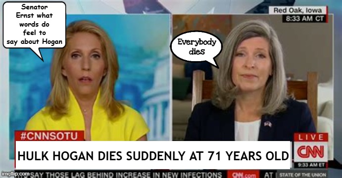 Joni Ernst on CNN | Senator Ernst what words do feel to say about Hogan; Everybody dies; HULK HOGAN DIES SUDDENLY AT 71 YEARS OLD | image tagged in joni ernst on cnn,hulk hogan,everybody dies,heartless trump puppet,maga minion,medicaid cuts | made w/ Imgflip meme maker