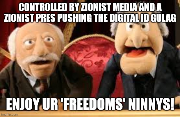 Old Guys from Muppets | CONTROLLED BY ZIONIST MEDIA AND A ZIONIST PRES PUSHING THE DIGITAL ID GULAG ENJOY UR 'FREEDOMS' NINNYS! | image tagged in old guys from muppets | made w/ Imgflip meme maker