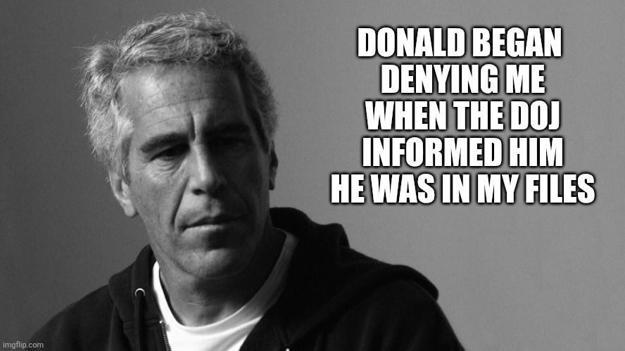 Epstein files | DONALD BEGAN 
DENYING ME
WHEN THE DOJ INFORMED HIM
 HE WAS IN MY FILES | image tagged in jeffrey epstein,donald trump,files,incriminating evidence,elites,cover up | made w/ Imgflip meme maker
