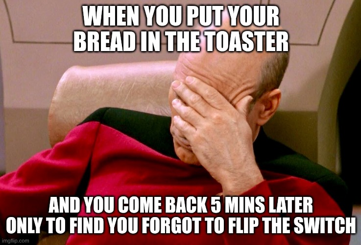 Not again | WHEN YOU PUT YOUR BREAD IN THE TOASTER; AND YOU COME BACK 5 MINS LATER ONLY TO FIND YOU FORGOT TO FLIP THE SWITCH | image tagged in not again | made w/ Imgflip meme maker