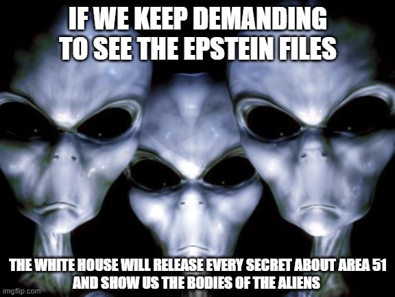 Angry aliens | IF WE KEEP DEMANDING TO SEE THE EPSTEIN FILES; THE WHITE HOUSE WILL RELEASE EVERY SECRET ABOUT AREA 51
AND SHOW US THE BODIES OF THE ALIENS | image tagged in angry aliens | made w/ Imgflip meme maker