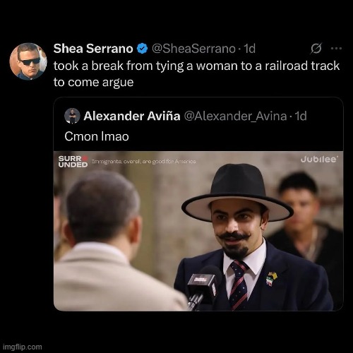 Bro looks like a cartoon villain | image tagged in argument,woman,railroad,tying,cartoon,villain | made w/ Imgflip meme maker