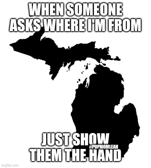 State of Michigan | WHEN SOMEONE ASKS WHERE I'M FROM; JUST SHOW THEM THE HAND; #PUPMOMLEAH | image tagged in state of michigan | made w/ Imgflip meme maker