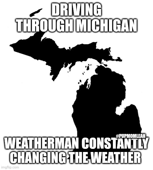 State of Michigan | DRIVING THROUGH MICHIGAN; WEATHERMAN CONSTANTLY CHANGING THE WEATHER; #PUPMOMLEAH | image tagged in state of michigan | made w/ Imgflip meme maker