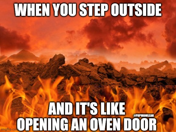 Hot as hell | WHEN YOU STEP OUTSIDE; AND IT'S LIKE OPENING AN OVEN DOOR; #PUPMOMLEAH | image tagged in hot as hell | made w/ Imgflip meme maker