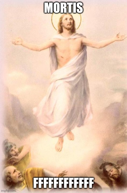 Jesus rising | MORTIS FFFFFFFFFFFF | image tagged in jesus rising | made w/ Imgflip meme maker