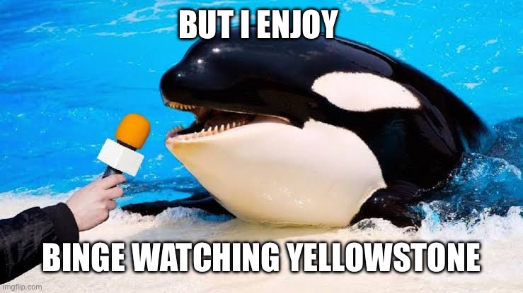 Orca talking into a microphone | BUT I ENJOY BINGE WATCHING YELLOWSTONE | image tagged in orca talking into a microphone | made w/ Imgflip meme maker