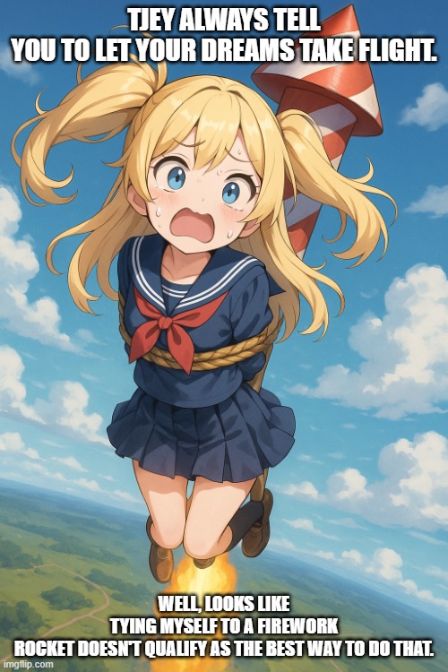 classical mishaps in comedy anime | TJEY ALWAYS TELL YOU TO LET YOUR DREAMS TAKE FLIGHT. WELL, LOOKS LIKE TYING MYSELF TO A FIREWORK ROCKET DOESN'T QUALIFY AS THE BEST WAY TO DO THAT. | image tagged in classical mishaps in comedy anime | made w/ Imgflip meme maker