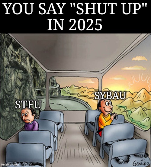 Like what?? | YOU SAY "SHUT UP"
IN 2025; SYBAU; STFU | image tagged in two guys on a bus | made w/ Imgflip meme maker