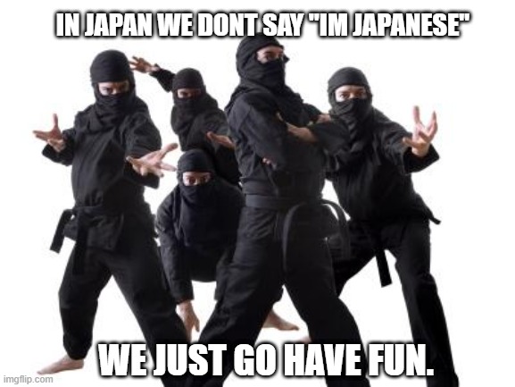 Japanese dont identify as Japanese. no one ever knew they were japanese | IN JAPAN WE DONT SAY "IM JAPANESE"; WE JUST GO HAVE FUN. | image tagged in ninjas | made w/ Imgflip meme maker