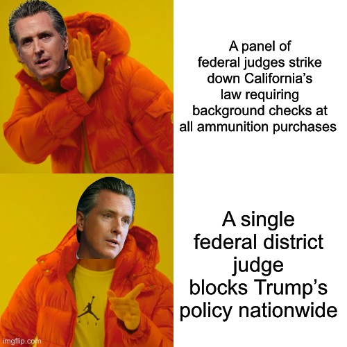 Gavin Newscum’s hypocrisy is showing | A panel of federal judges strike down California’s law requiring background checks at all ammunition purchases; A single federal district judge blocks Trump’s policy nationwide | image tagged in memes,drake hotline bling | made w/ Imgflip meme maker