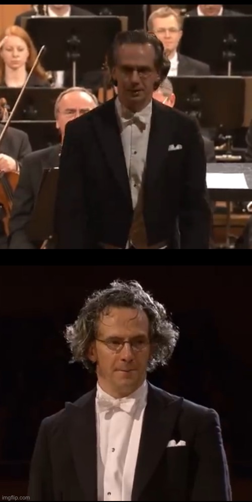 Beginning vs ending after conducting a hour long symphony, so much sweat visible | made w/ Imgflip meme maker