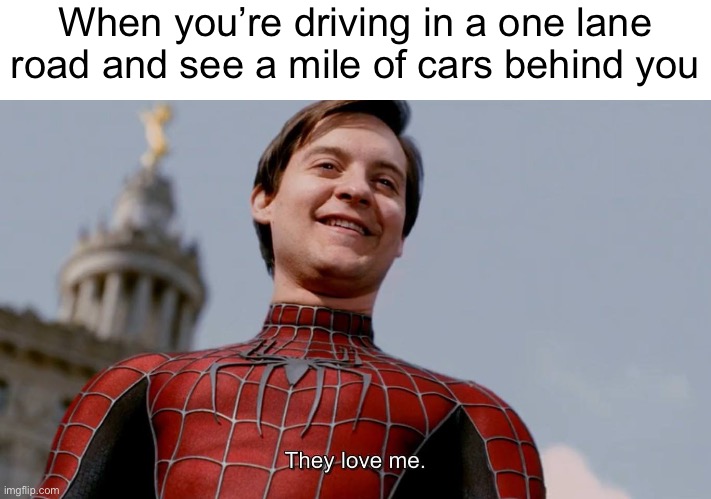 They Love Me | When you’re driving in a one lane road and see a mile of cars behind you | image tagged in they love me | made w/ Imgflip meme maker