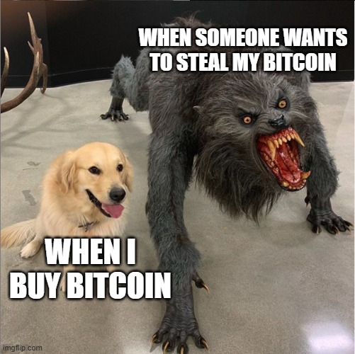 When someone wants to steal my bitcoin | WHEN SOMEONE WANTS TO STEAL MY BITCOIN; WHEN I BUY BITCOIN | image tagged in dog vs werewolf,bitcoin,steal,stealing,btc | made w/ Imgflip meme maker