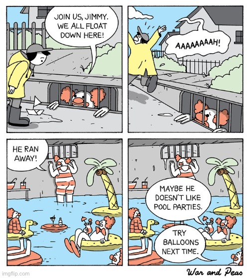War and Peas | image tagged in comics,war and peas,clown pool party,sewer | made w/ Imgflip meme maker