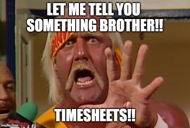 HULK HOGAN TIMESHEET REMINDER | LET ME TELL YOU 
SOMETHING BROTHER!! TIMESHEETS!! | image tagged in hulk hogan | made w/ Imgflip meme maker