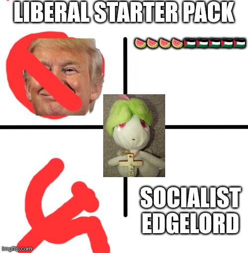 Blank Starter Pack Meme | LIBERAL STARTER PACK; 🍉🍉🍉🍉🇵🇸🇵🇸🇵🇸🇵🇸🇵🇸; SOCIALIST EDGELORD | image tagged in memes,blank starter pack | made w/ Imgflip meme maker