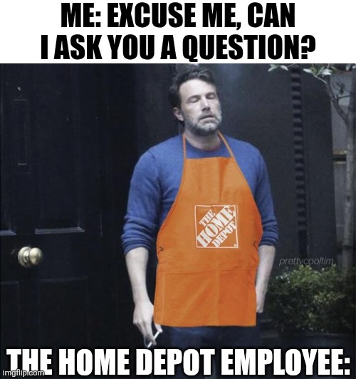 Me: Excuse Me, Can I Ask You A Question The Home Depot Employee: | ME: EXCUSE ME, CAN I ASK YOU A QUESTION? THE HOME DEPOT EMPLOYEE: | image tagged in chrisjoines1 | made w/ Imgflip meme maker