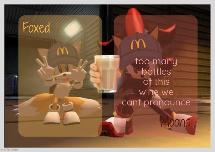 i dont actually listen to frank unless he's in tyler's songs so idk why this is in my head | too many bottles of this wine we cant pronounce | image tagged in foxed moons - tails n shadow temp | made w/ Imgflip meme maker
