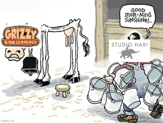 studio hari is milking grizzy and the lemmings | image tagged in milk the cow meme,grizzly and the lemmings | made w/ Imgflip meme maker