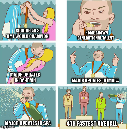 Ferrari 4th fastest | SIGNING AN 8 TIME WORLD CHAMPION; HOME GROWN GENERATIONAL TALENT; MAJOR UPDATES IN BAHRAIN; MAJOR UPDATES IN IMOLA; 4TH FASTEST OVERALL; MAJOR UPDATES IN SPA | image tagged in 4th place celebration | made w/ Imgflip meme maker