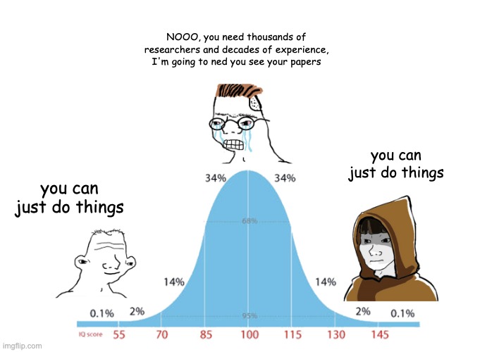 Midwit memes | NOOO, you need thousands of researchers and decades of experience, I'm going to ned you see your papers; you can just do things; you can just do things | image tagged in midwit memes | made w/ Imgflip meme maker