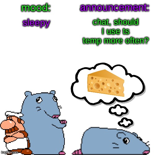 street rat announcement V2 | sleepy; chat, should I use ts temp more often? | image tagged in street rat announcement v2 | made w/ Imgflip meme maker