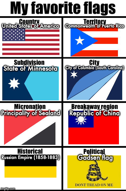 My favorite flags | United States of America; Commonwealth of Puerto Rico; City of Columbia (South Carolina); State of Minnesota; Principality of Sealand; Republic of China; Russian Empire (1858-1883); Gadsen flag | image tagged in my favorite flags | made w/ Imgflip meme maker