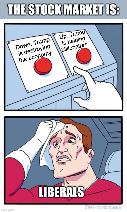 Liberals are NUTS. The TDS is strong! | THE STOCK MARKET IS:; Up. Trump is helping billionaires; Down. Trump is destroying the economy; LIBERALS | image tagged in memes,two buttons,looney left,tds | made w/ Imgflip meme maker