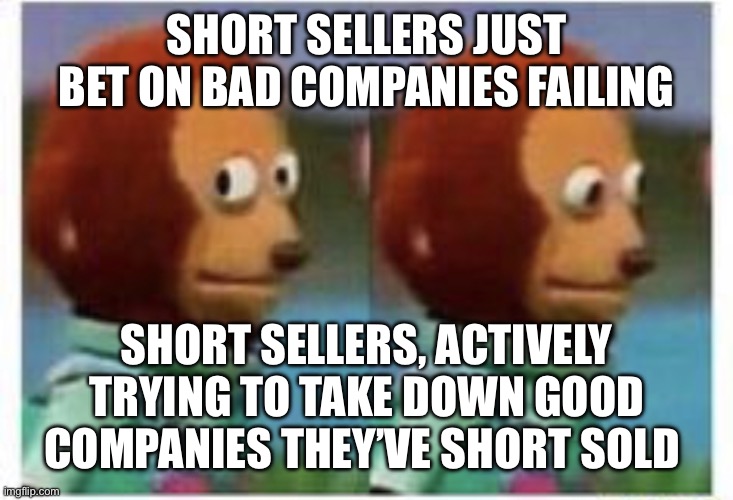 side eye teddy | SHORT SELLERS JUST BET ON BAD COMPANIES FAILING; SHORT SELLERS, ACTIVELY TRYING TO TAKE DOWN GOOD COMPANIES THEY’VE SHORT SOLD | image tagged in side eye teddy | made w/ Imgflip meme maker
