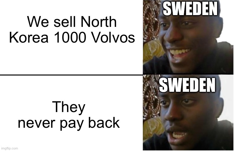 Disappointed Black Guy | SWEDEN; We sell North Korea 1000 Volvos; They never pay back; SWEDEN | image tagged in disappointed black guy | made w/ Imgflip meme maker