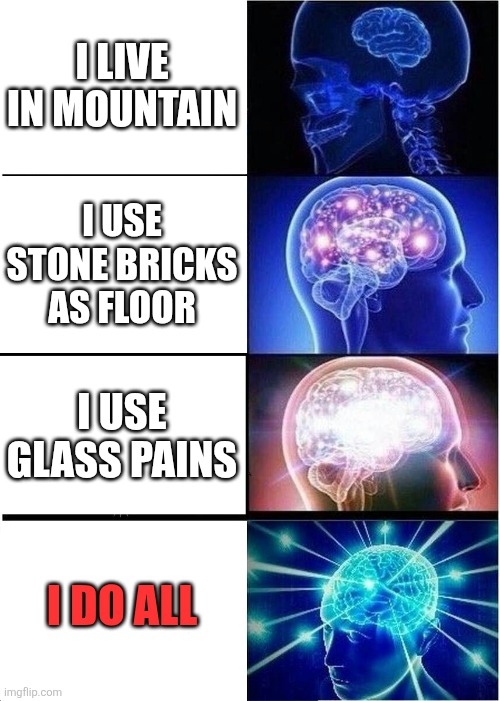 Expanding Brain | I LIVE IN MOUNTAIN; I USE STONE BRICKS AS FLOOR; I USE GLASS PAINS; I DO ALL | image tagged in memes,expanding brain | made w/ Imgflip meme maker