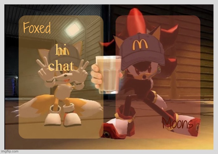 Foxed & Moons - Tails n Shadow temp | hi chat | image tagged in foxed moons - tails n shadow temp | made w/ Imgflip meme maker