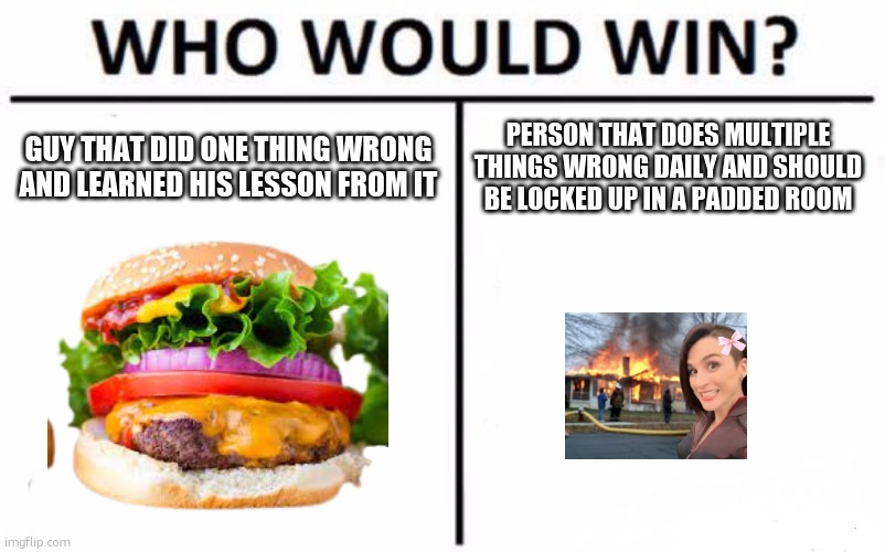 as you can see im pissed | GUY THAT DID ONE THING WRONG AND LEARNED HIS LESSON FROM IT; PERSON THAT DOES MULTIPLE THINGS WRONG DAILY AND SHOULD BE LOCKED UP IN A PADDED ROOM | image tagged in memes,who would win | made w/ Imgflip meme maker